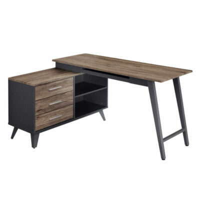 שולחן מחשב כולל שלוחה רתומה משולבת ארגז מגירות, פלטה עץ, רגלי מתכת
